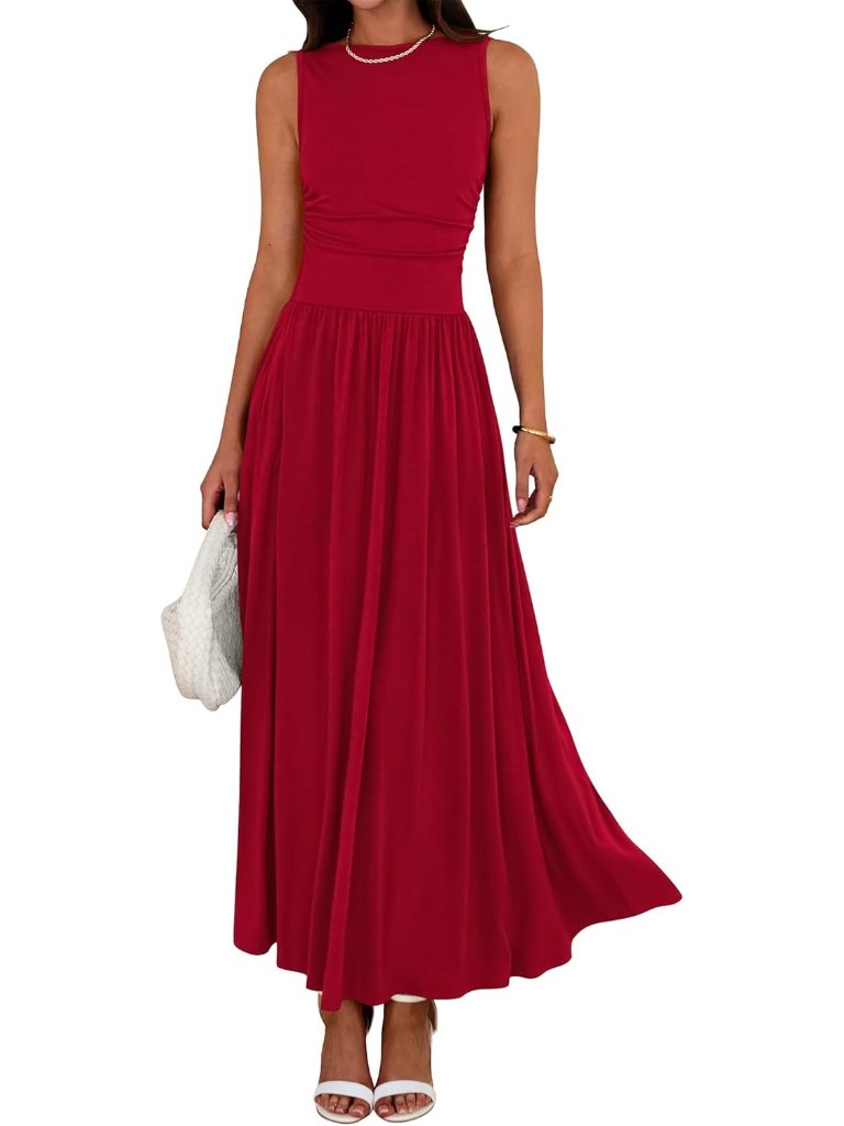 Women's Red Spring Sleeveless Casual Ruched High Waisted Long Beach Dress